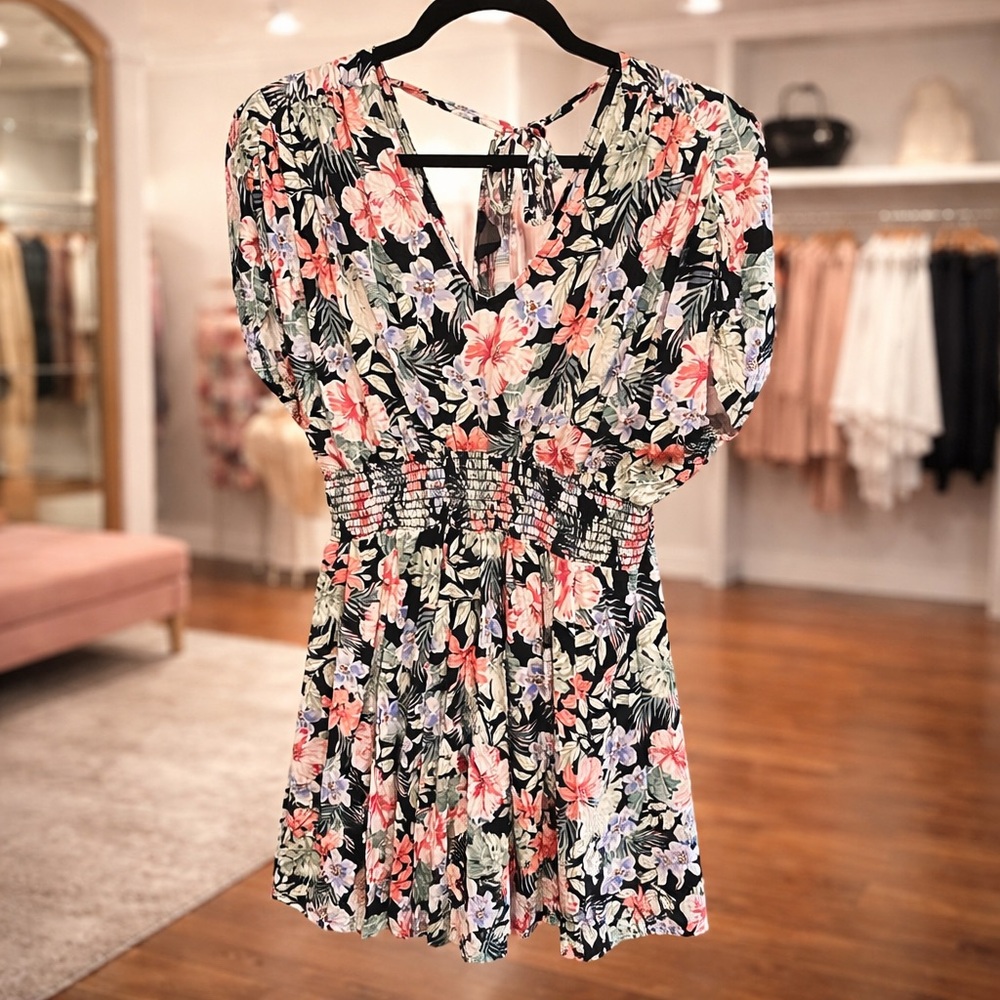 White Birch XL Floral Romper Dress Smocked Waist Stretchy Flowy Shorts